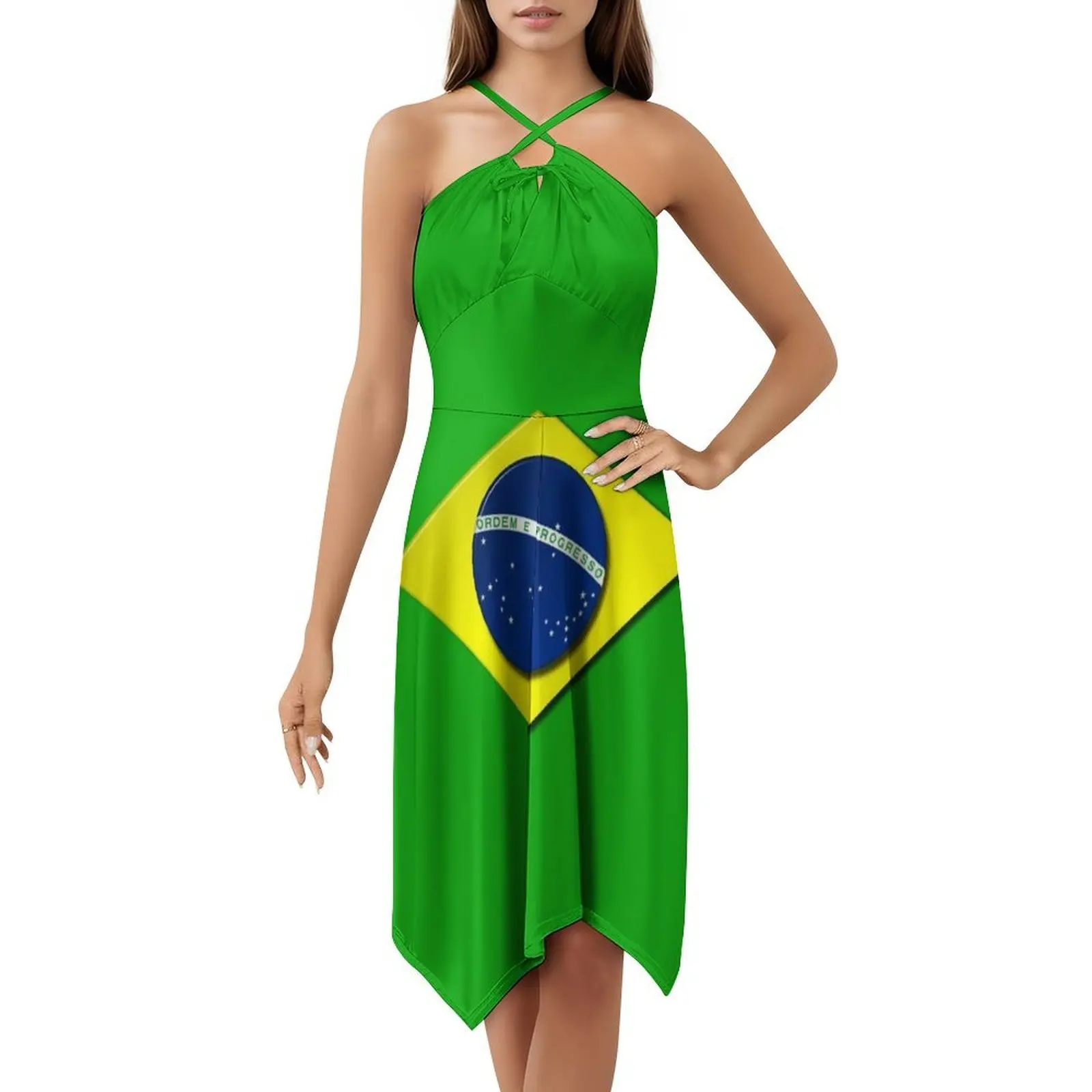 Emblema da bandeira brasileira vestido de festa elegante feminino vestido linha a com opções curtas/longas/sem mangas emblema da bandeira brasileira do brasil