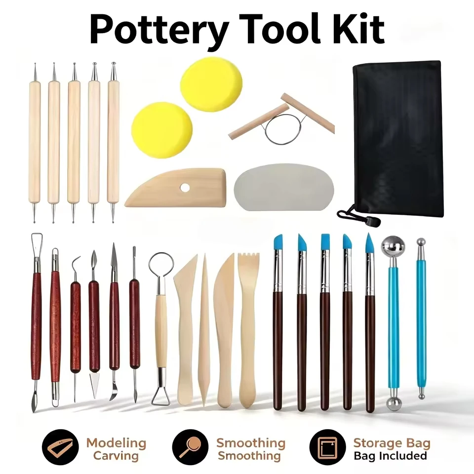Pottery Tool Kit 29Pcs Clay Sculpting Set with Storage Bag, Wooden Modeling Carving Tools Ball Stylus Dotting Tools