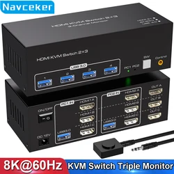 Navceker 8K 60Hz Triple HDMI USB 3.0 KVM Switch 3 Monitors 2 Computers 4K 120Hz 2x3 Triple Monitor KVM Keyboard Mouse Switcher