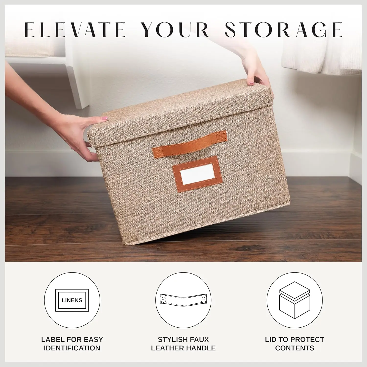 

3 Pack Large Fabric Storage Bins with Lid - Decorative Box with Lid, Label Holder, Faux Handles - Large Decorative Storage Boxes