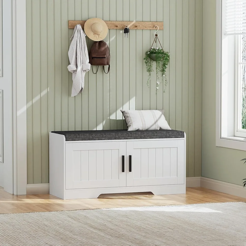 

Storage Bench, Shoe Bench with Thickened Padded Seat Cushion, Entryway Bench with 2 Doors, Adjustable Shelf, 13.8 D x 37.