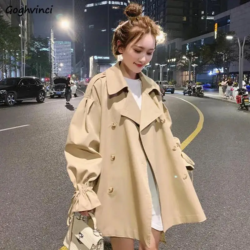 

Khaki Trench Women Flare Sleeve Lace-up Solid Double-breasted Korean Fashion Casual Temperament Windbreaker Loose Ins Spring