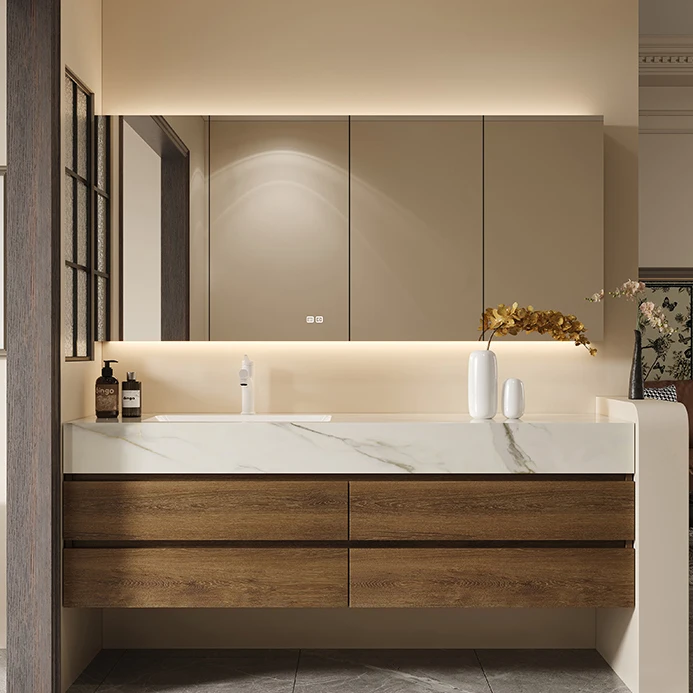 Luxury Wall Mounted Bathroom Vanity Solid Wood Cabinet Smart LED Defog Mirror Rock Slab Sink High End Bathroom Furniture