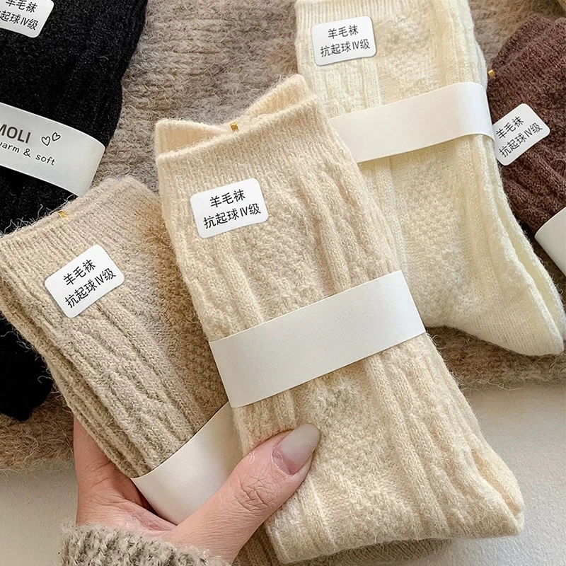 Thick Cashmere Socks Warm Winter Luxury Women Wool Casual Japanese Fashion Solid Color Comfortable Home Sock Long High Quality