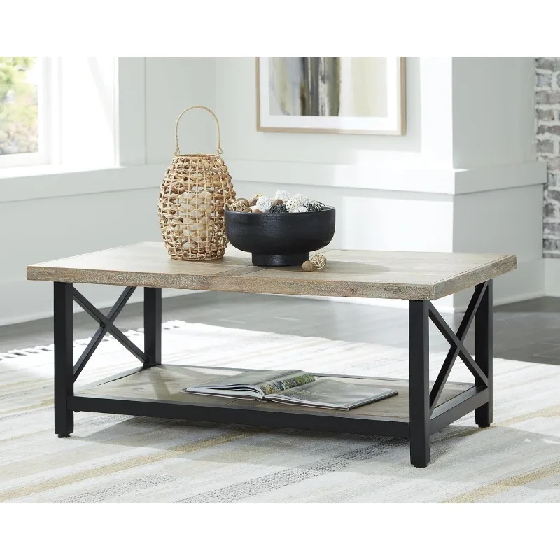 Coffee Table, Made with Mango Wood and Metal Tabletop and Open Lower Shelf Have A Light Brown Wood-tone Finish