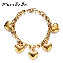 MisenBaBa New Style Stainless Steel Thick Chain Tassel Heart Charm Bracelet For Women Fashion Jewelry Valentine's day gift