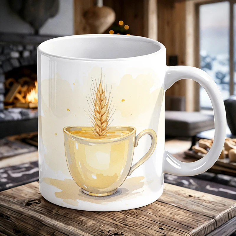 

11 oz wheat ear tea cup with handle, ceramic cup, fully printed pattern coffee cup, insulated milk cup, office water cup