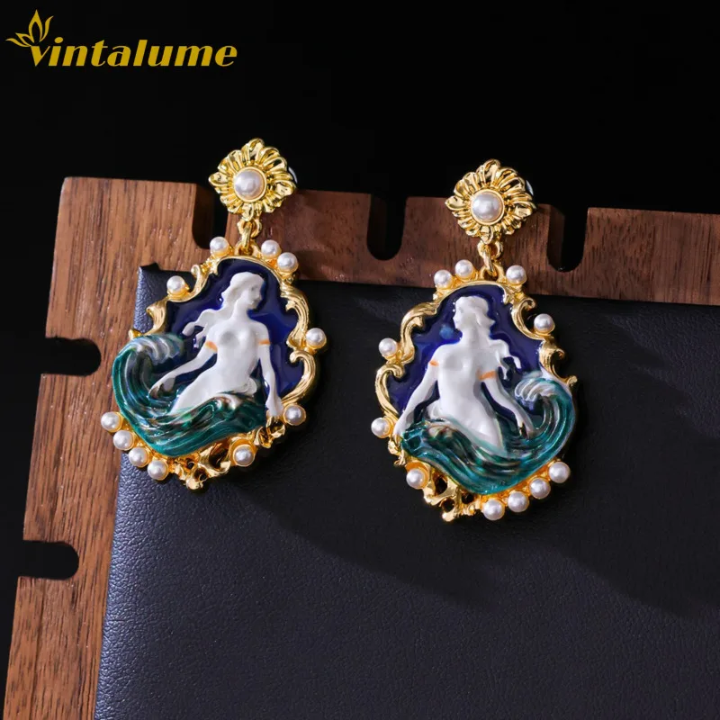 

Винтажные серьги-подвески «Русалка» с камеей, позолоченные, с эмалью и жемчугом, в стиле барокко, роскошные, эффектные, для вечеринок, подарок, ювелирные изделия Vintalume