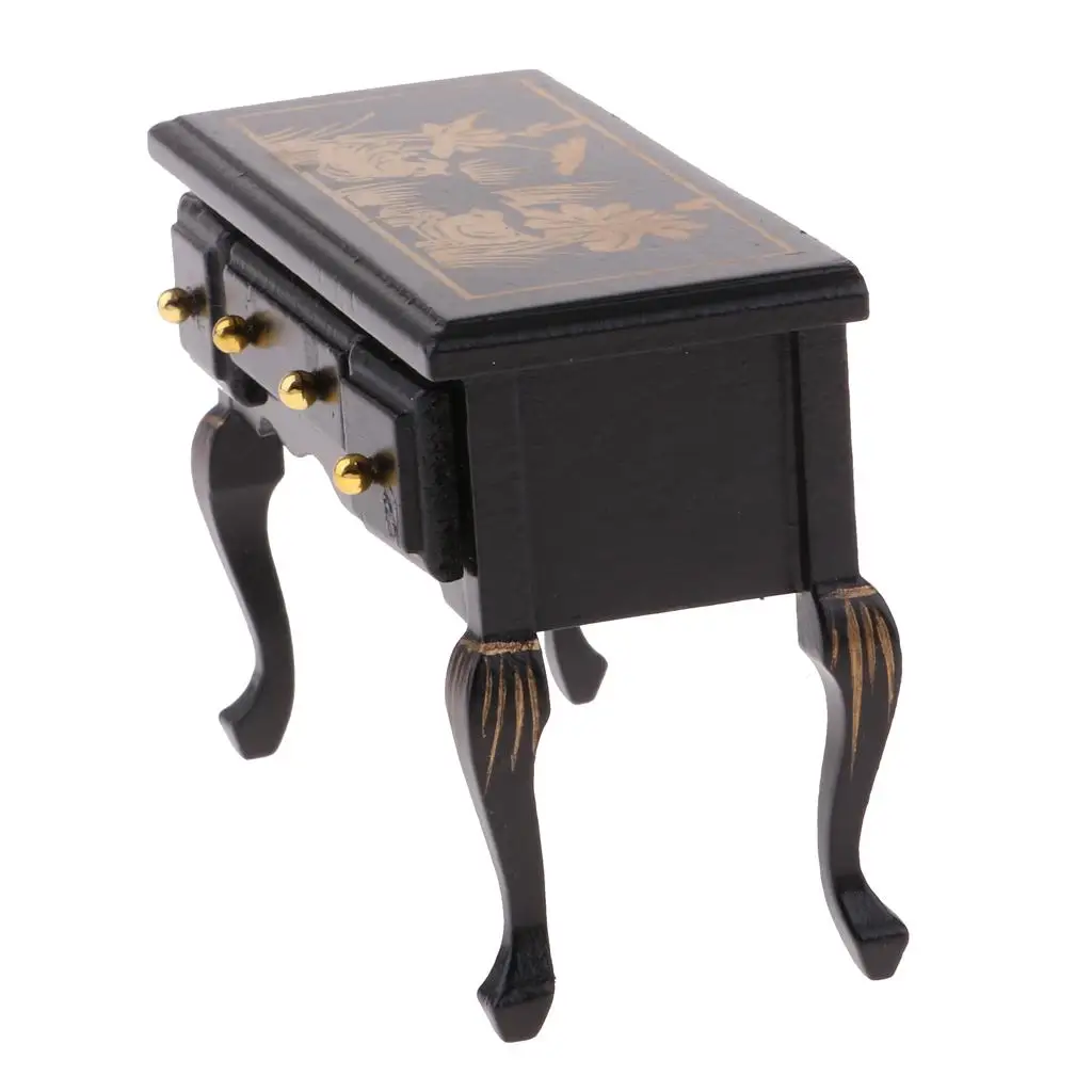 ドールハウス、デスク家具、ミニチュアアクセサリー、1:12用のヴィンテージブラックウッドテーブル