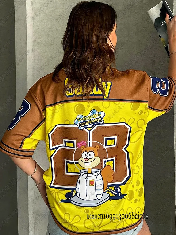 Cartoon SpongeBob Print T-shirts For Women Summer V-Neck Patchwork Short Sleeve Sports Football Jersey Y2K Loose Oversized Tops image 4