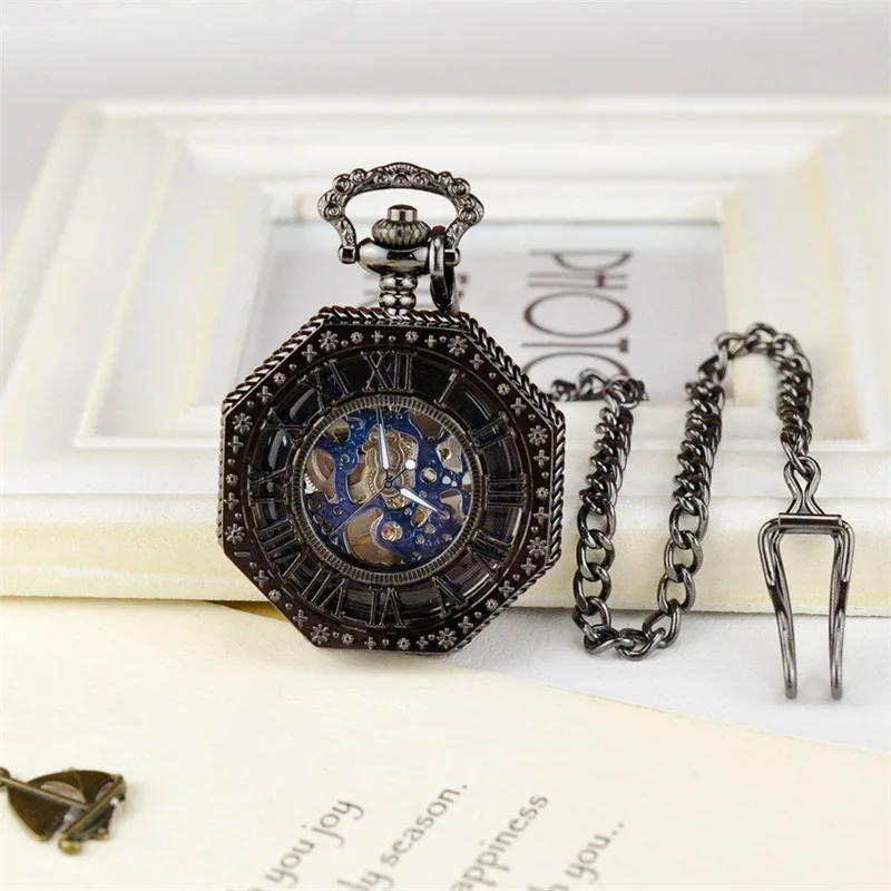 Luxury Golden Mechanical Pocket Watch for Men Women hollow Dial Roman Hexagon Case Fob Chain Pendant Clock for Collection Gift