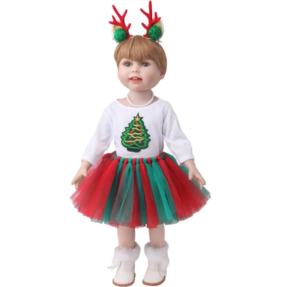 Kerstpak Amerikaanse poppenkleding Jurk met lange mouwen Set Poppenkleertjes Kerstmis Twee elanden haarspelden Kleurrijk