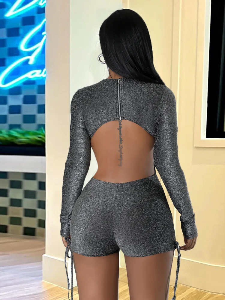 Macheda Helle Seide Playsuits Frauen Sexy Backless Volle Hülse o-ansatz Raffen Wrap Hüfte Hottie Mitternacht Club Party Hipster Strampler