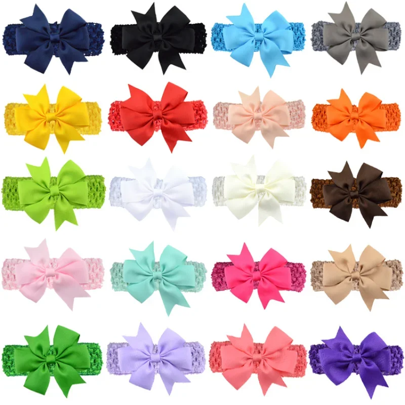 Handmade Dovetail Grosgrain Ribbon Bows Infant Headband Solid Color Crochet Elastic Hair Bands Baby Girl Headwear