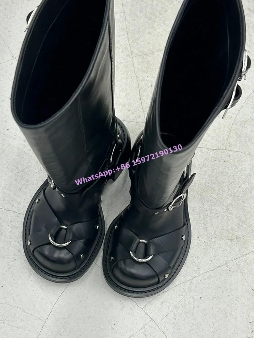 Metal Ring Buckle Belt Boots Black Metal Punk Chunky Heels Slip On Leather Fashion Women's Boots Round Toe Retro Knee High Boots