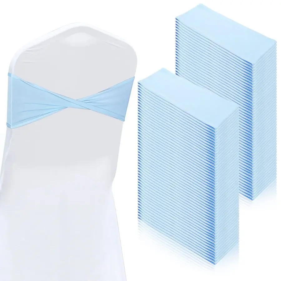 

100 Pcs Spandex Chair Sashes Bows Without Buckle Light Blue Stretch Chair Cover Bands Baby Shower Plain Bow Sash Elastic Bands T