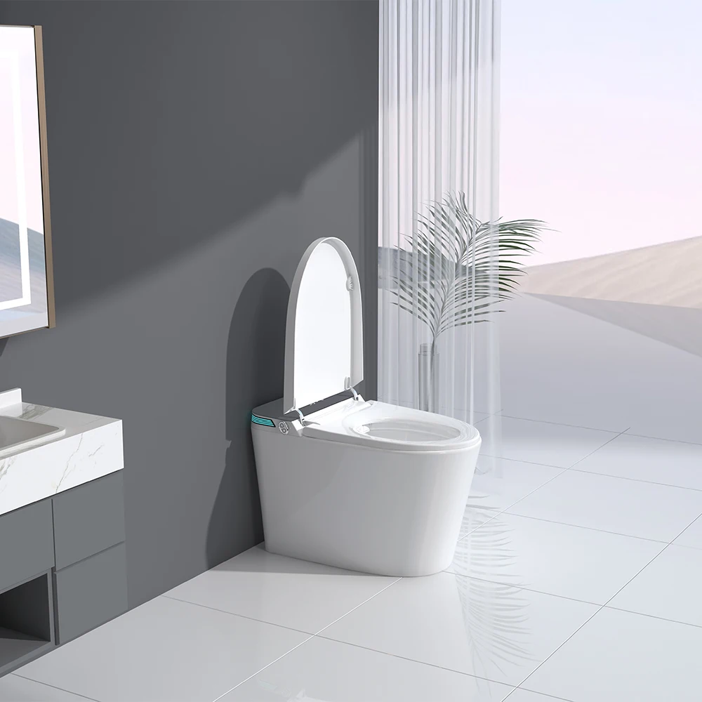 Modern automatic opening toilet, hidden water tank, integrated smart bidet, smart toilet with remote control, ceramic floor type