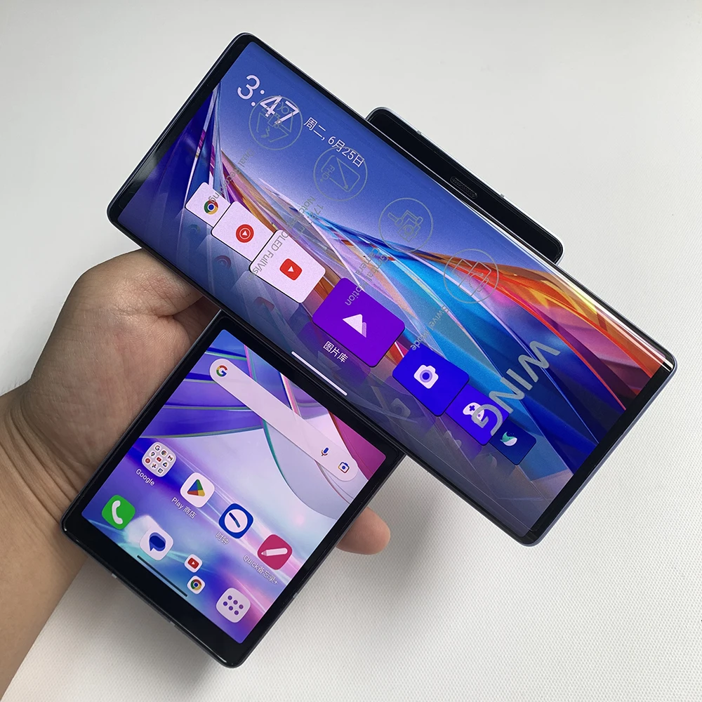 LG WING 5G هاتف محمول أصلي غير مقفول F100N النسخة الأمريكية 4G LTE هاتف محمول 6.8 بوصة 8 جيجابايت رام 128 جيجابايت/256 جيجابايت ROM أندرويد LG WING F100