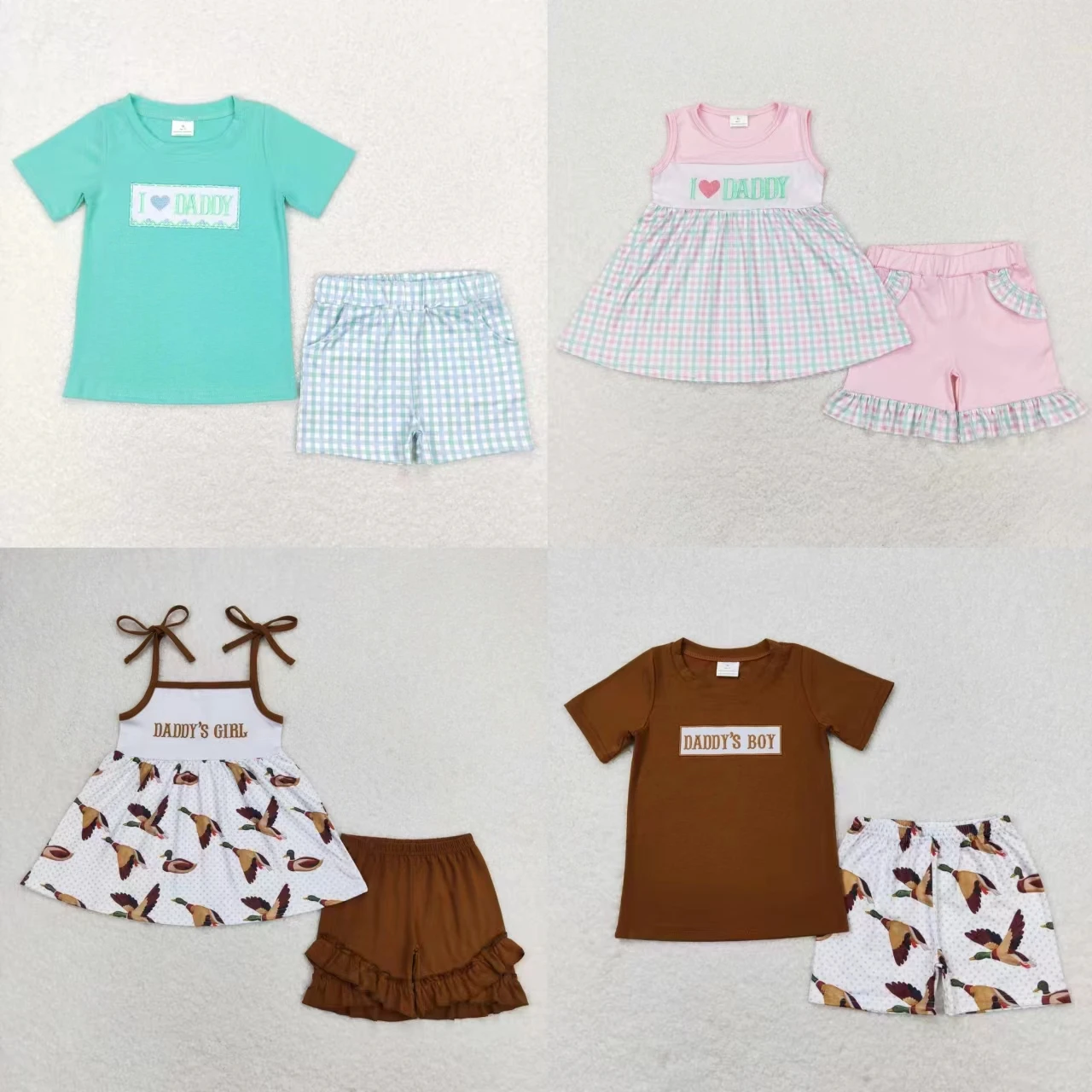 

Wholesale Children Father's Day Outfit Baby Boy Girl Summer I Love Daddy Embroidery Tops Kids Pocket Shorts Plaid Ducks Set