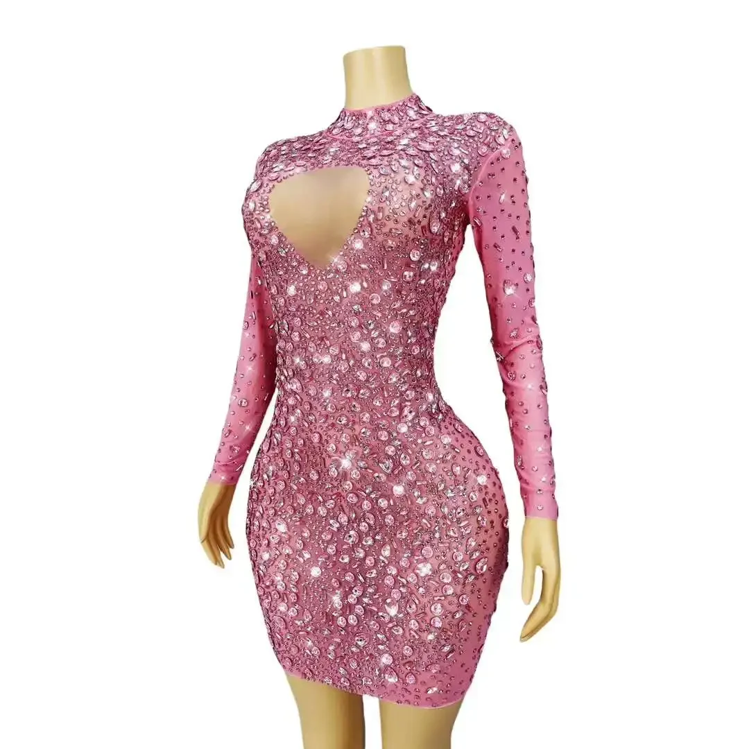 Sparkly Pink Crystals Short Dress for Women Sexy Mesh See Through Evening Celebrate Birthday Dress Photo Shoot Wear