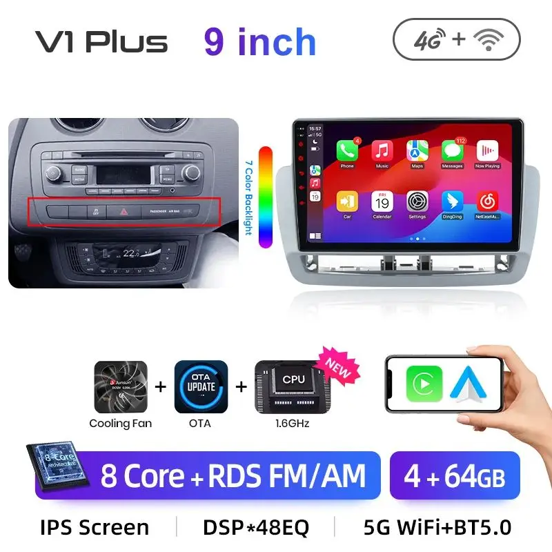 Junsun 7/9 inch autoradio voor Seat Ibiza 6j 2009-2015 draadloze CarPlay Android Auto FM RDS Plug&Play DSP GPS Multimedia ﻿