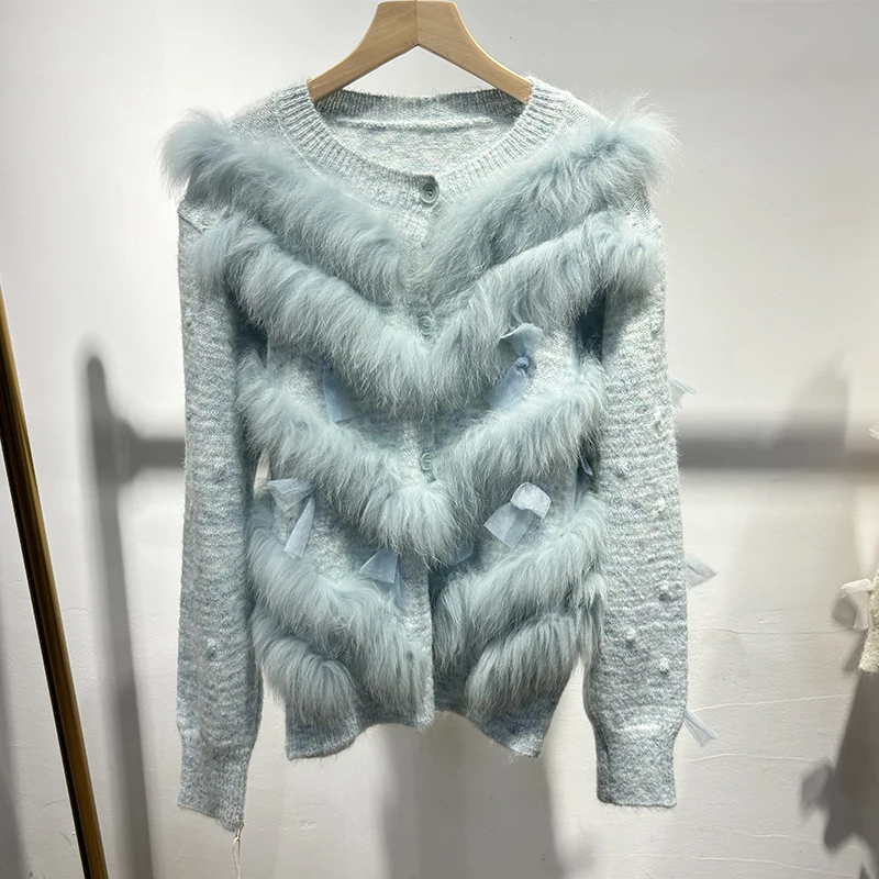 

Новое поступление 2025 года, милый милый свитер с бантом из натурального лисьего меха, синий милый вязаный пиджак из натурального меха