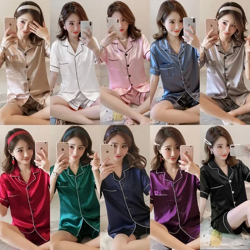 Summer Women Casual Solid Color Pajama Girls 2/pce Set Fashion Short Sleeves Shoets Set Loungewear Lady Cardigan Pajama Indoor