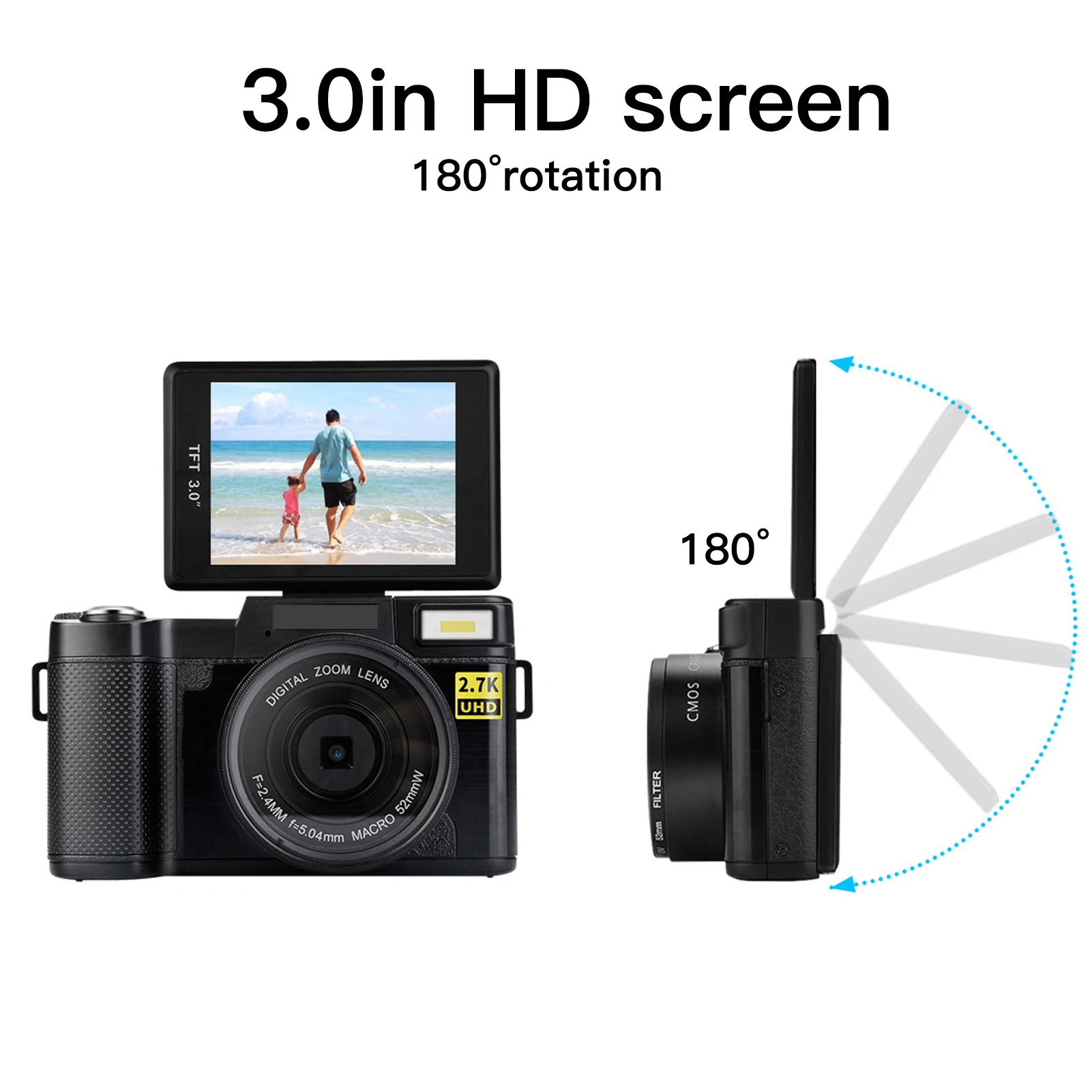 2.7K Digital Camera Digital Camera 3in LCD Screen 180 Degree Rotation 2.7K 30MP High Definition USB Charging Video Camera Camera