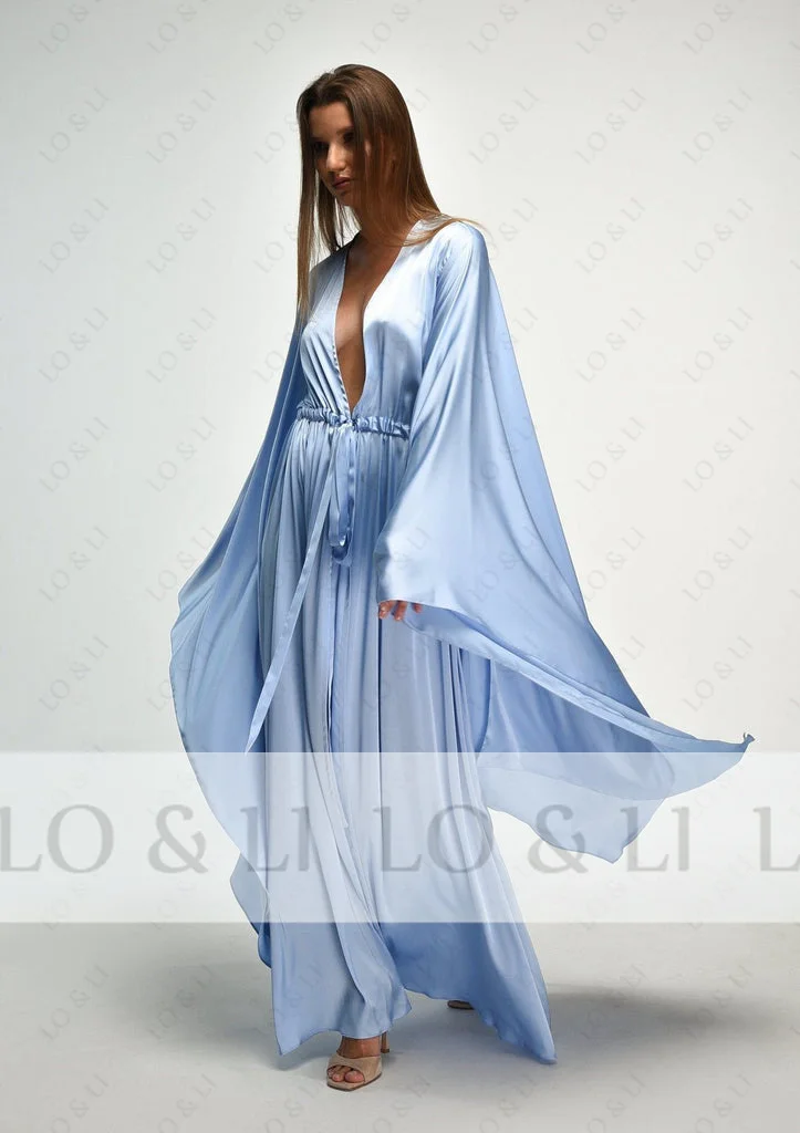 LO&LI Summer Sky Blue Sexy Bride Lingerie Wedding Robe Set Kimono Nightgown Silk Bridal Ready Gift Custom Made Deep V-Neck