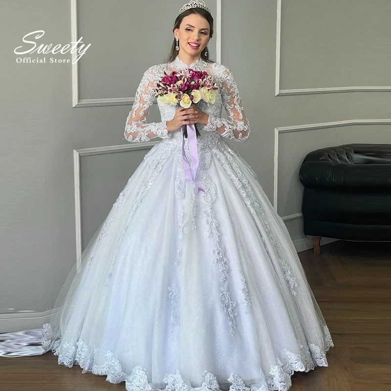 

Luxurious Wedding Dress Organza With Embroidery Beading Ball Gown High-Neck Full Sleeve Bridal Gowns Button Sequins Vestido De N