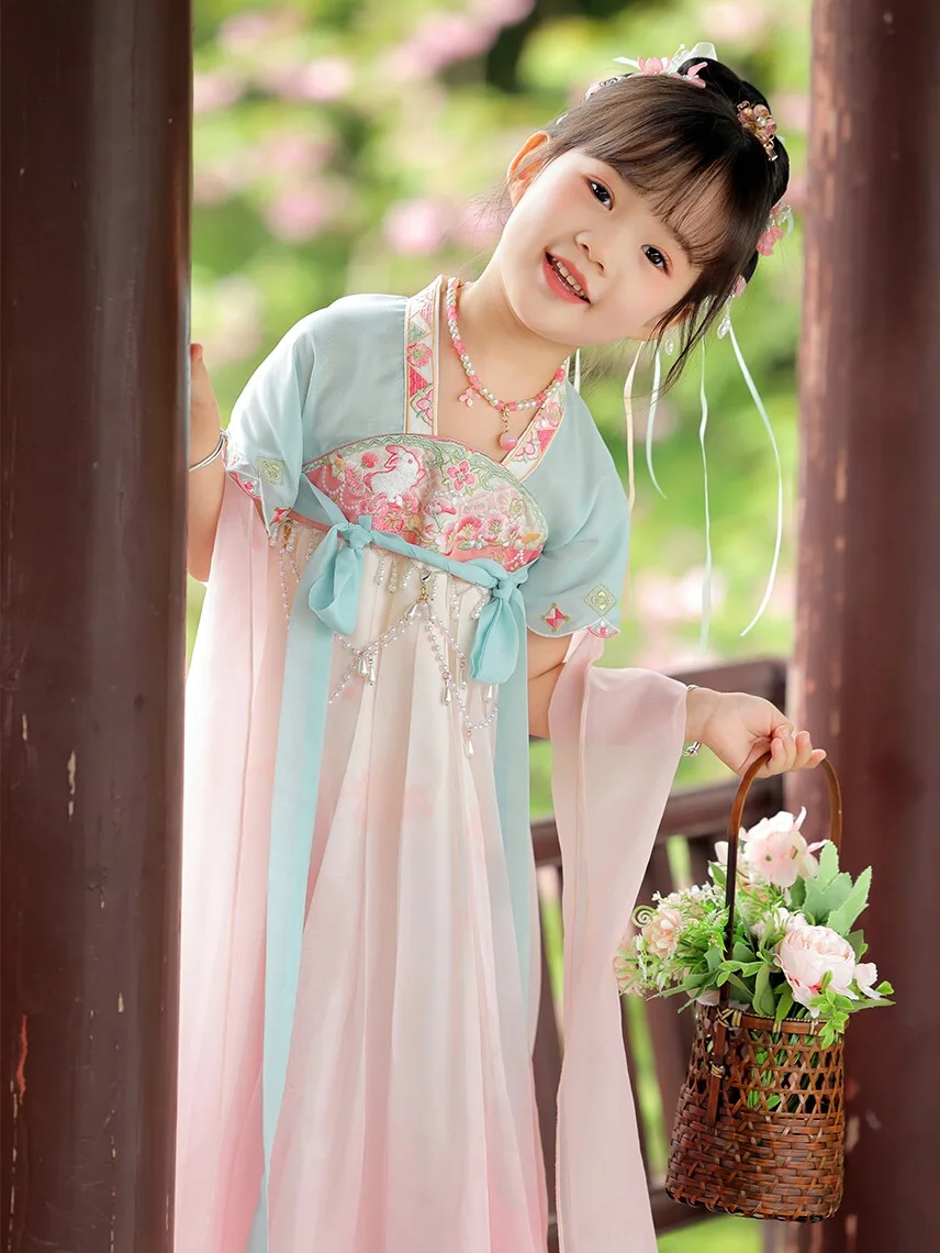 فستان صدر بناتي هانفو ، بدلة تانغ للأطفال ، زي قديم ، أكمام قصيرة ، رقيق ، صيفي