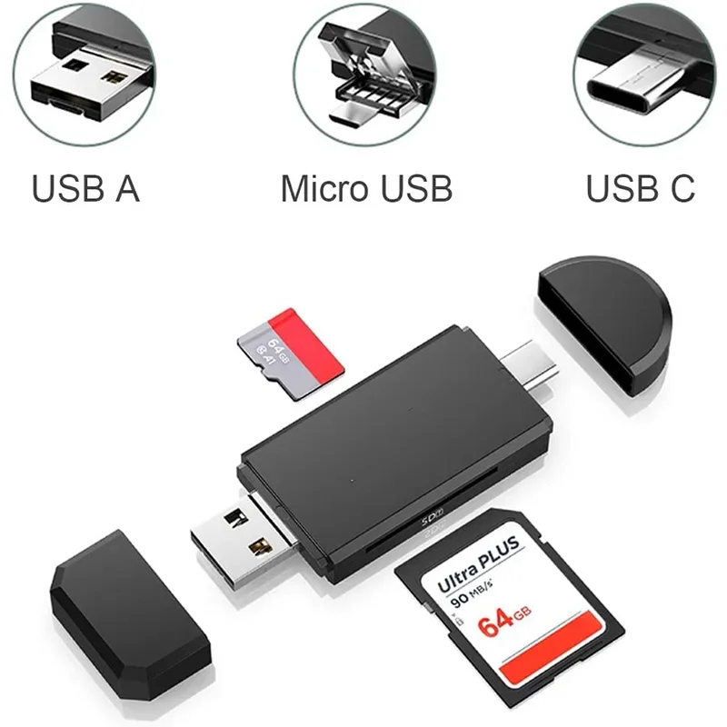 Type C Card Reader 3 in 1 USB 2.0 Portable Memory Card Reader and Micro USB to USB C OTG Adapter for SD-3C SDXC SDHC MMC Cards