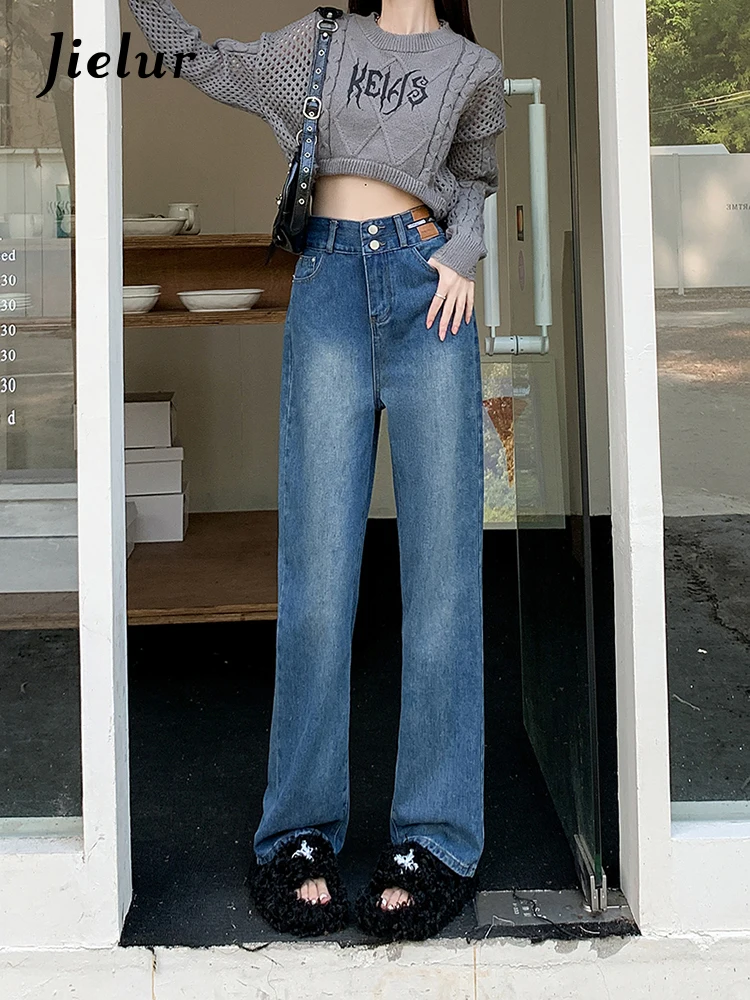 Jielur Autumn New Vintage Slim Women Jeans Fashion Street Simple Basic Woman Jeans High Waist Loose Straight Leg Pants Female