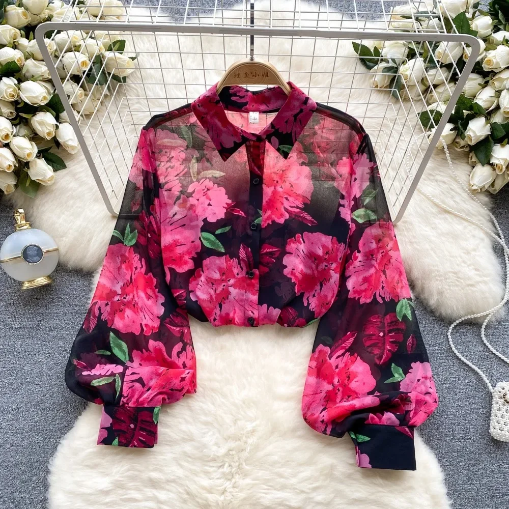 Vintage Elegant Lantern Sleeve Blouse Fashion Polo-neck Shirt Casual Chic Top Fairy Summer Women