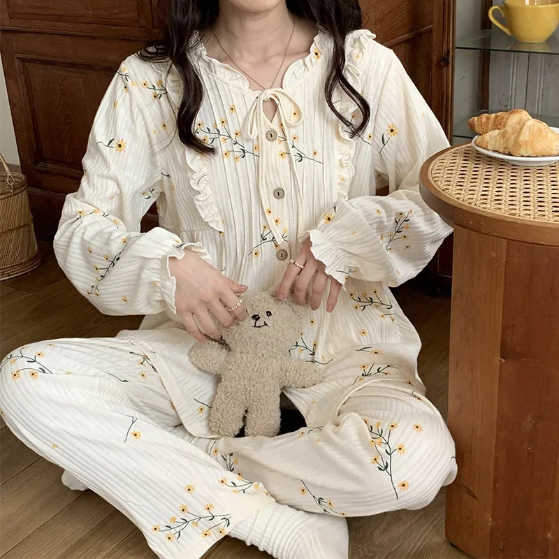 Autumn Knitted Cotton Leisure Lounge wear Pajamas Woman Fashion Sleepewear Suit Long Sleeve Print Female Loungewear