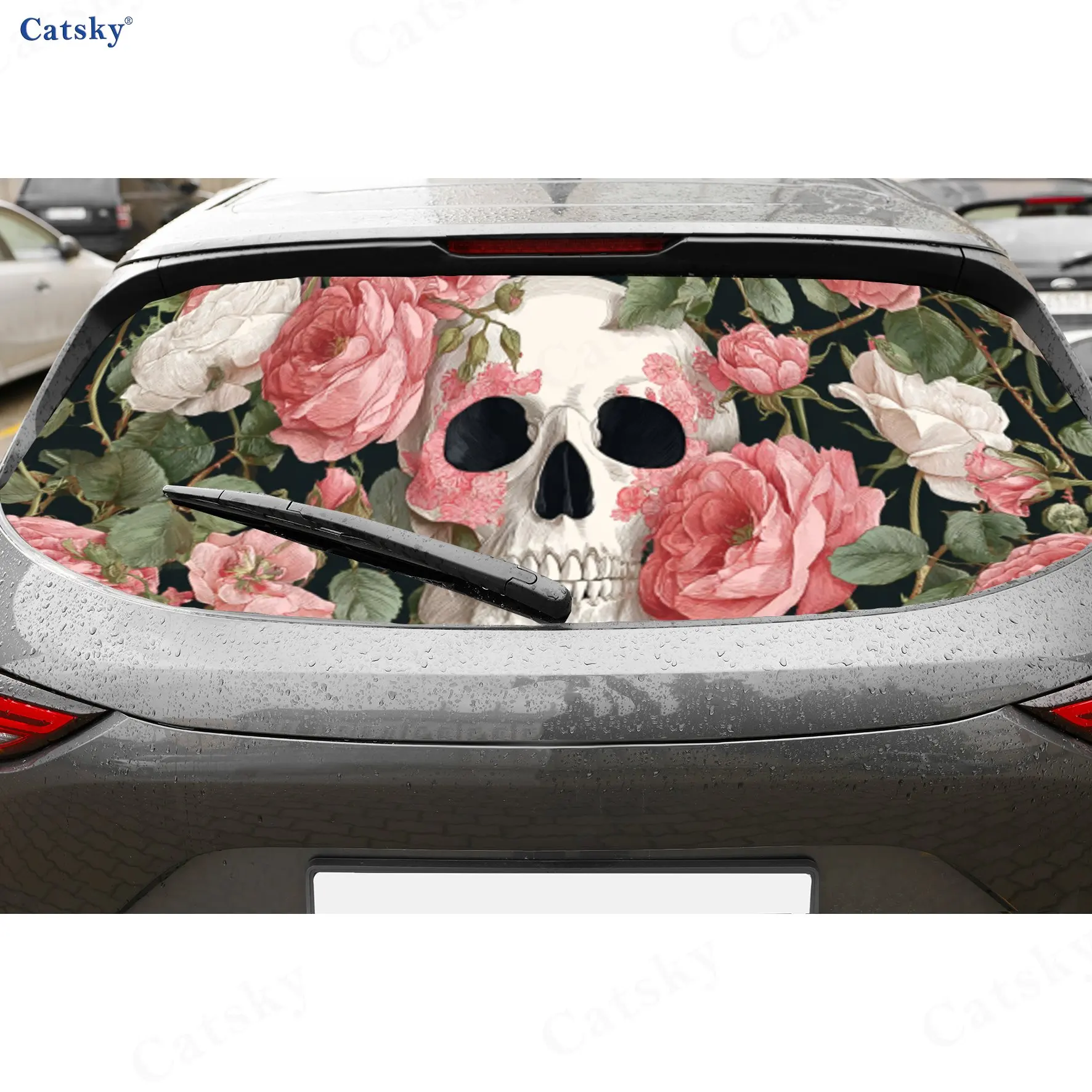 

Готический череп и розовая роза Wonder ПВХ перфорированные автомобильные виниловые обертывания, прочная наклейка на заднее лобовое стекло автомобиля, водонепроницаемое заднее окно автомобиля