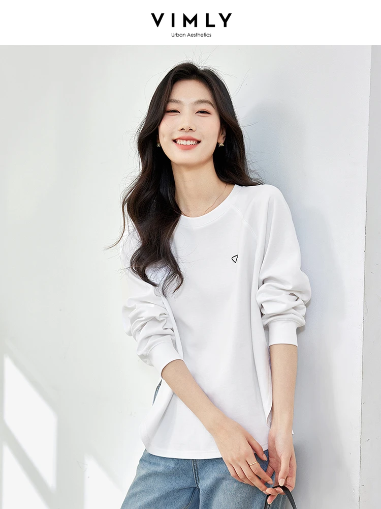 VIMLY Women's White Simple Commuter Long Sleeve T-Shirt Autumn O-Neck Embroidery T-Shirt Casual Comfort Basic Undershirt Tops