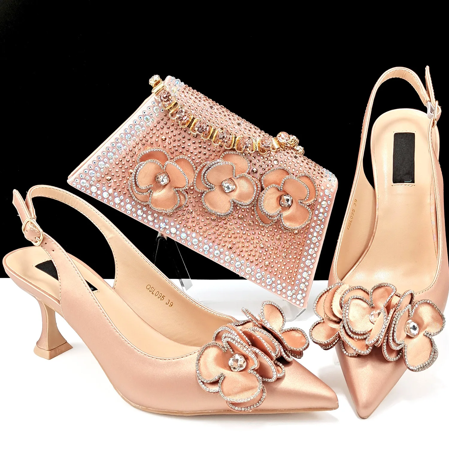 

Beuatiful Peach Women High Heel 8CM Shoes Match Flower Style Handbag African Pumps And Bag Set QSL095