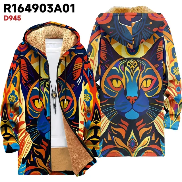 3D Print Animal Cat Colorful Personality Men's Fleece Zip Up Outerwear Zipper Fleece-lined Hoodie Thicken Outdoor Jacket Fleece