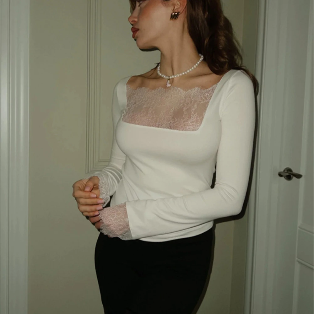Ladies Lace Splicing Square Neck Tee Slim Long Sleeve Shirt Lace Trim Cuff Streetwear Fashion Top