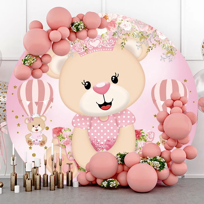 Yeele Newborn Birthday Party Bear Flowers Hot Air Balloon Round Elasticity Backdrop Baby Shower Circle Photography Background