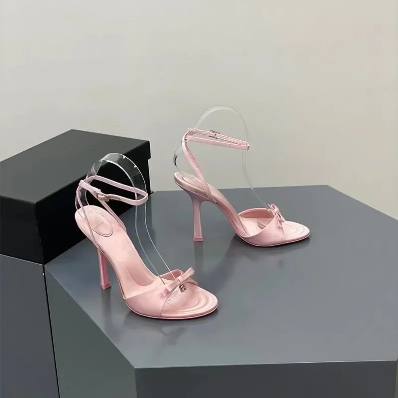 New 2025 Summer Bow Satin Heels, Feminine Rhinestone Letters, Stiletto Heels, Open-toe Sandals, Black Pink womens shoes  sandals