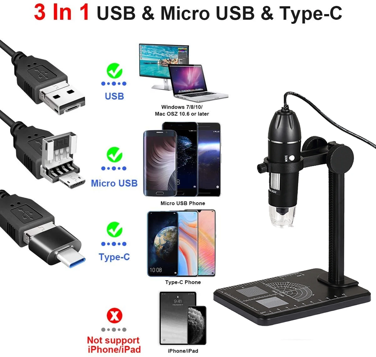 TKDMR ingrandimento 1600X regolabile WIFI 3 In 1 USB HD Desktop microscopio digitale elettronico staffa In plastica 8 LED per telefono PC