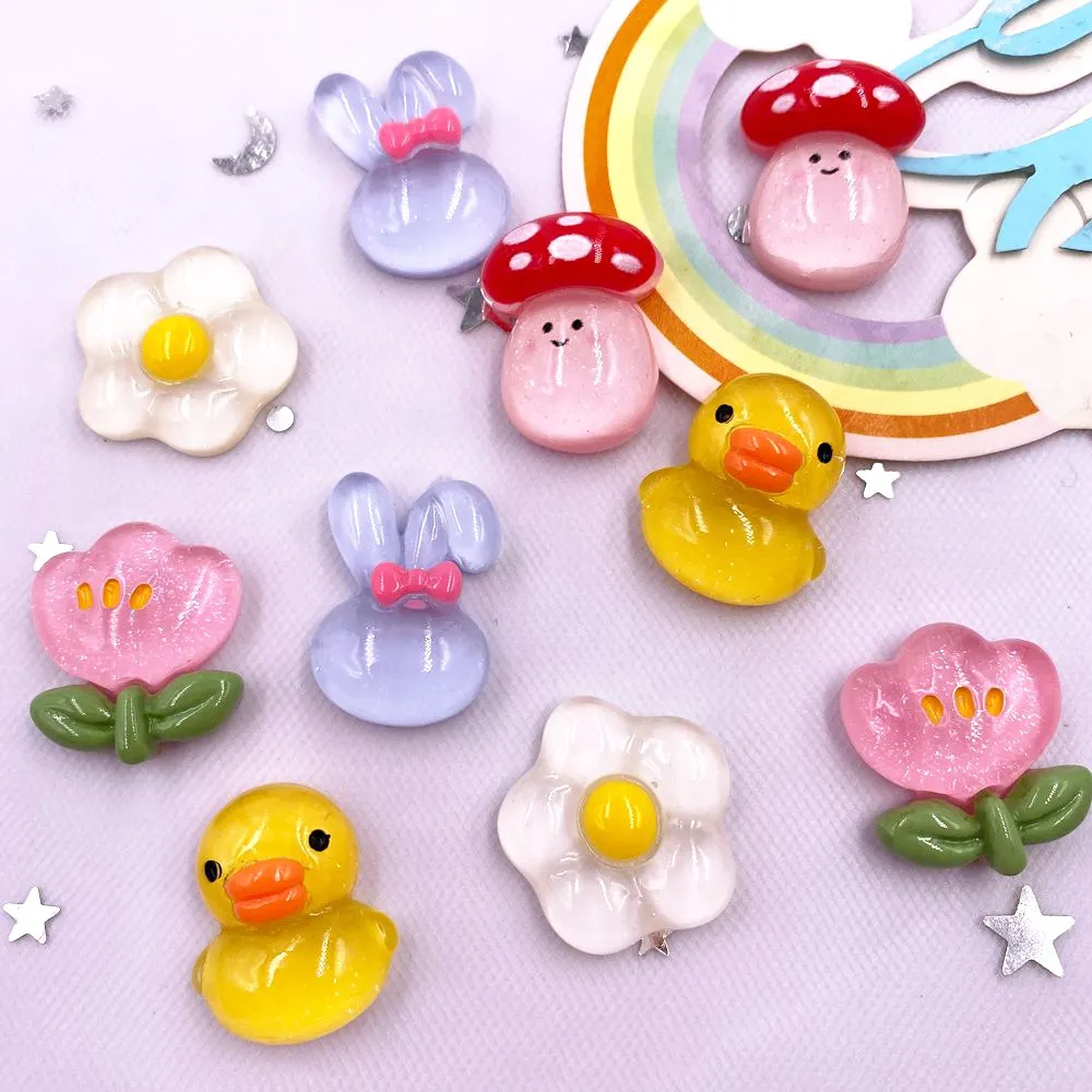 Colorful Resin Glitter Kawaii Rabbit  Duck mushroom Flower Flatback Cartoon Animals Figurine Scrapbook 10pcs DIY Accessory Decor view 4