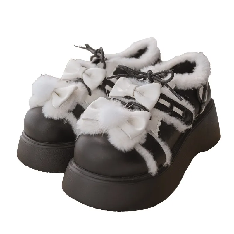 ฤดูหนาว WARM Plush Lolita รองเท้า Fluffy รอบ Toe Kawaii คอสเพลย์รองเท้าผู้หญิงรองเท้า Lolita ข้อเท้ารองเท้า Loli BOOT PU หนัง