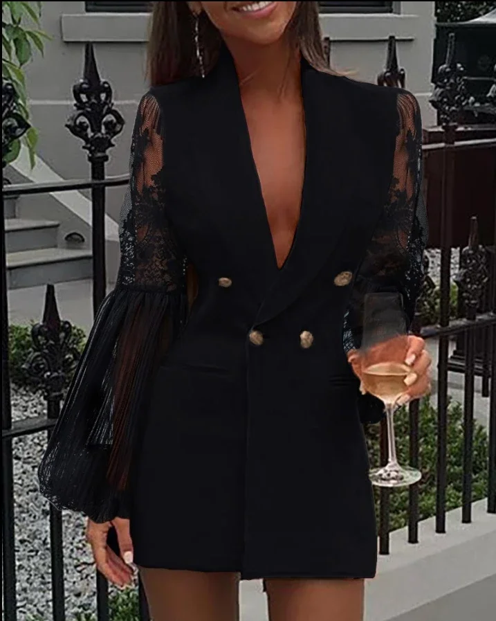 

Fashion Mini Dress for Women 2024 Spring Crochet Lace Sheer Mesh Double Breasted Elegant Long Sleeve Shawl Collar Blazer Dresses