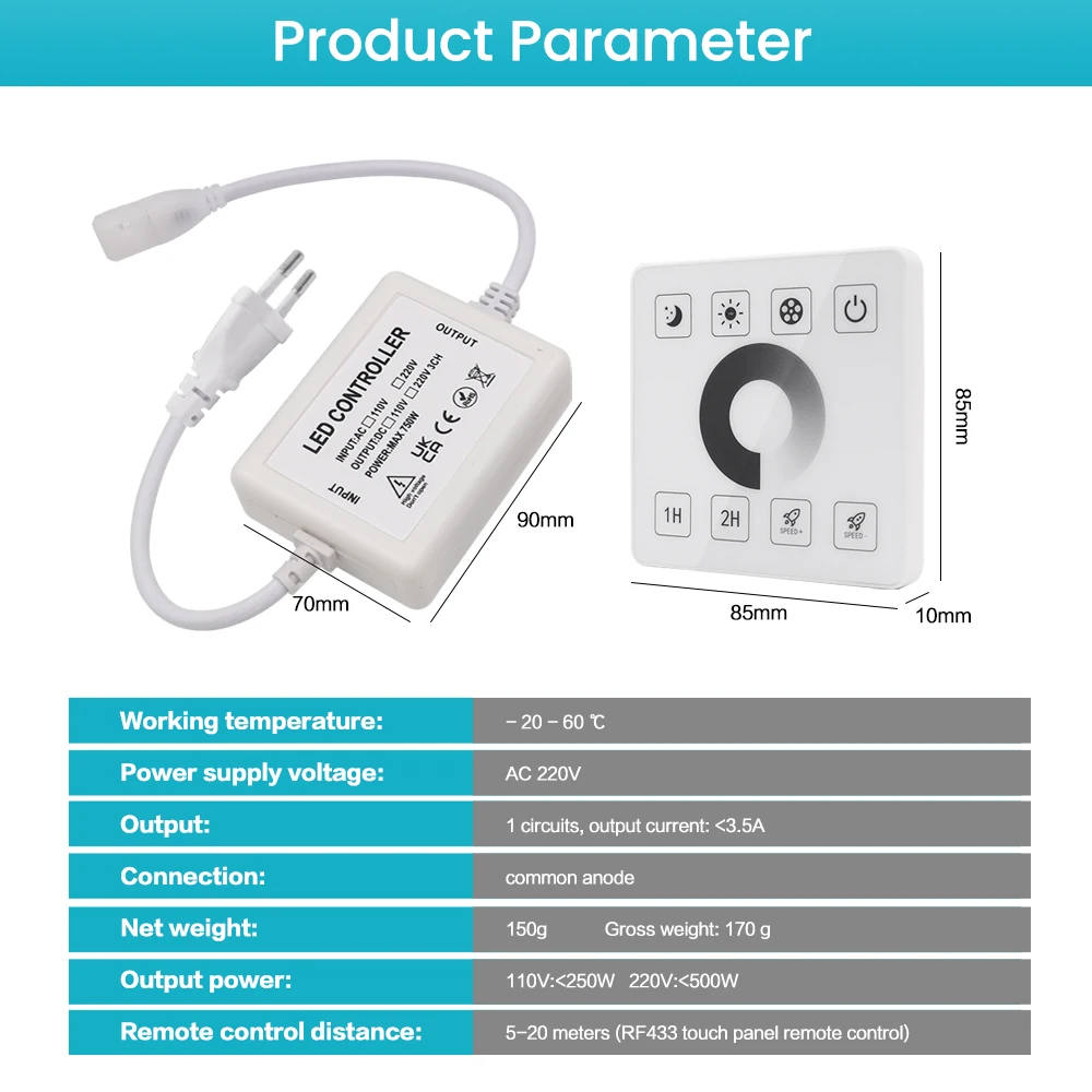 750W 110V 220V Single Color Controller EU/UK/US/AU Set Use For led Strip With RF Panel Remote