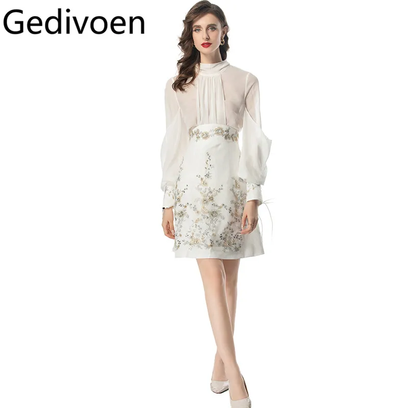 Gedivoen Summer Fashion Runway Designer Skirt Sets Women's Solid Color Chiffon Tunic+Sequins Nail Bead Skirt Two Pieces Set