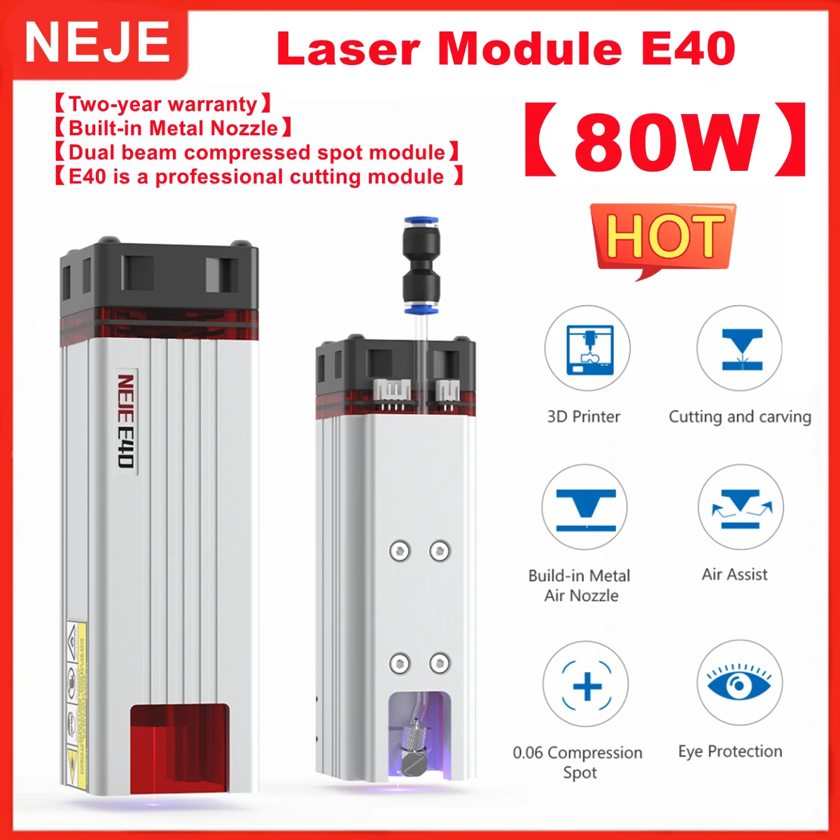 NEJE E40 Fixed Focus Dual Beam 80W Laser Module Head for Stainless Steel/Metal Engraving and Professional Wood Cutting Tools