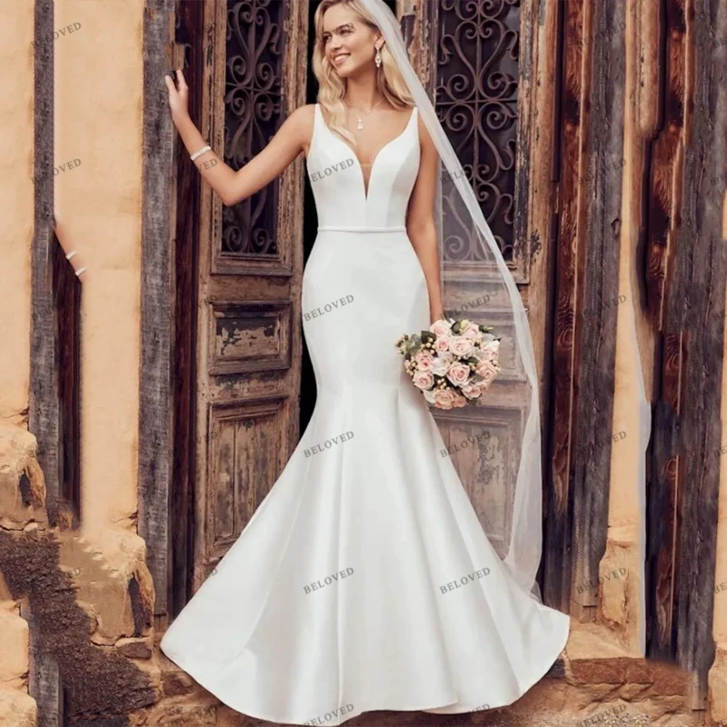 Simple Wedding Dresses Glamorous Bridal Gowns Sheath Mermaid Spaghetti Straps Sexy Robes Backless Sleeveless Vestidos De Novia